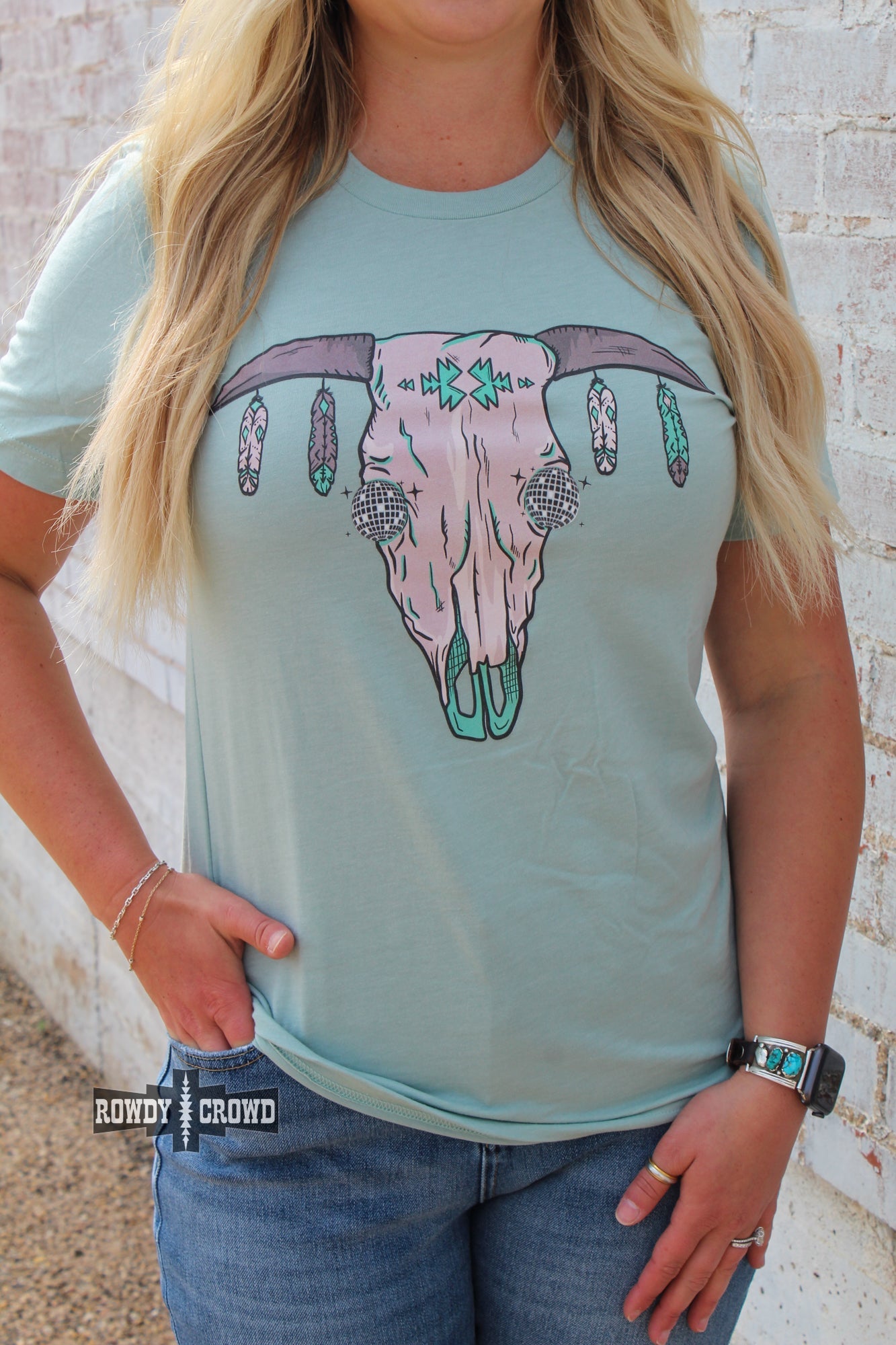 western apparel, western graphic tee, graphic western tees, wholesale clothing, western wholesale, women's western graphic tees, wholesale clothing and jewelry, western boutique clothing, western women's graphic tee, steer skull tee, disco steer skull, western boho tee, western steer skull