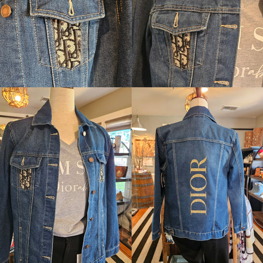 Reworked denim jacket with gold lettering