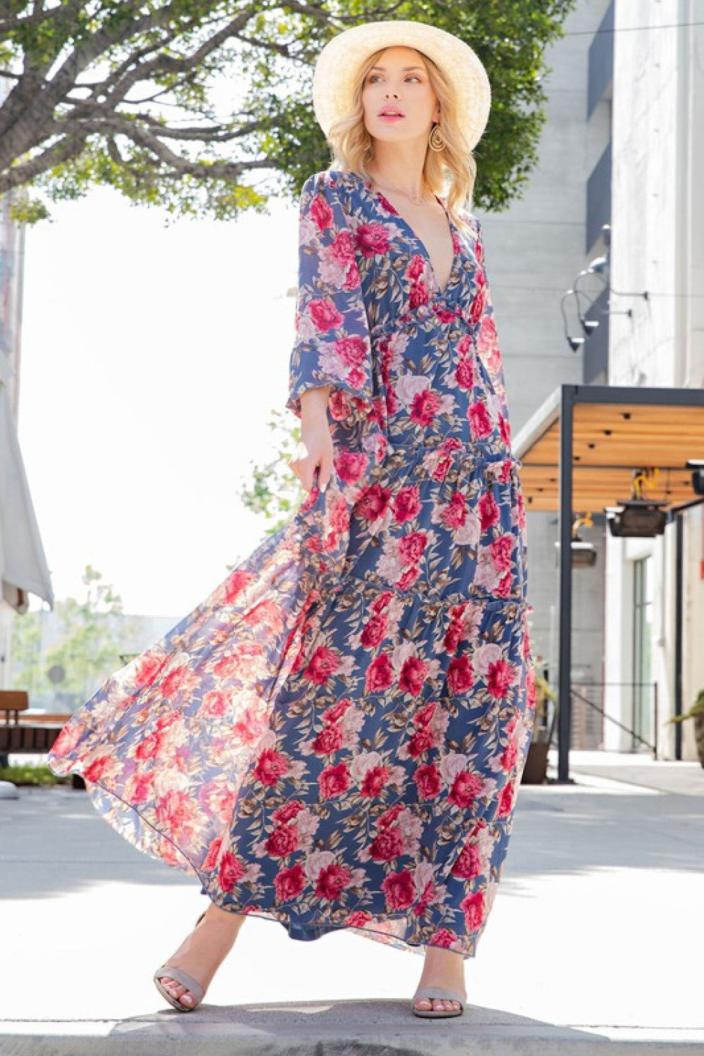 Floral Frill Trill Deep V Maxi Dress