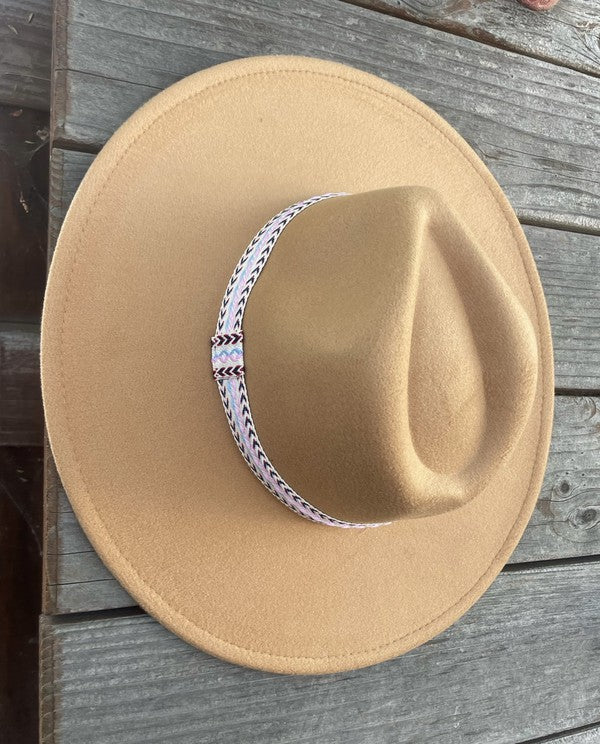 Wide Brim Panama Hat in Vegan Felt with Jacquard Tape