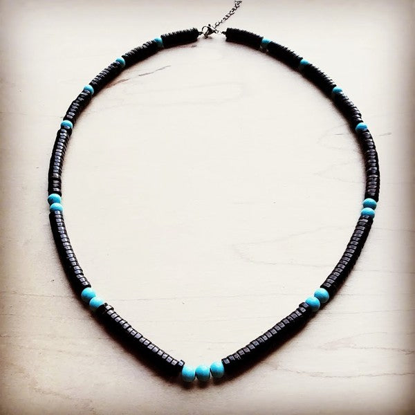 Blue Turquoise Color Stone and Wood Collar Necklace