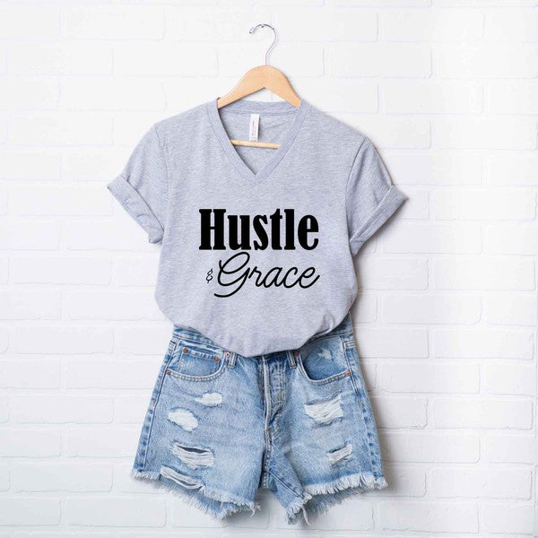 Hustle and grace cursive short sleeve v-neck