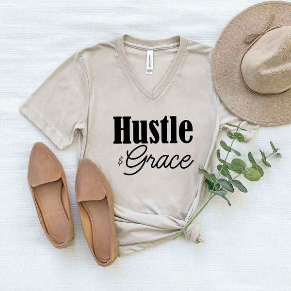 Hustle and grace cursive short sleeve v-neck